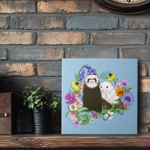 Sweet Whimsical Blue Cute Floral Ferrets Pair  Tile