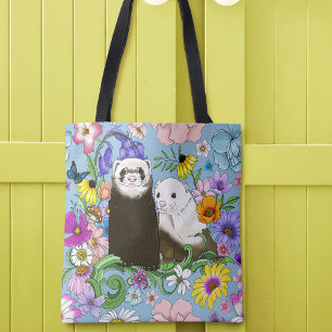 Sweet Whimsical Blue Cute Floral Ferrets Pair  Tote Bag