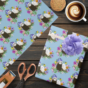 Sweet Whimsical Blue Cute Floral Ferrets Pair  Wrapping Paper