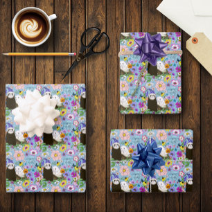Sweet Whimsical Blue Cute Floral Ferrets Pair Wrapping Paper Sheet