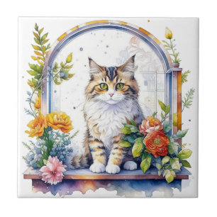 Sweet Whimsical Cat in Window of Flowers   Tile