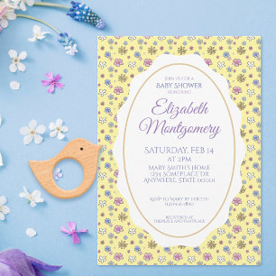 Sweet Whimsical Floral Yellow Baby Girl Shower Invitation