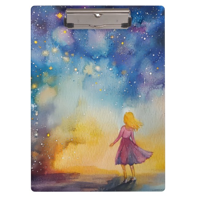 Sweet Whimsical Girl Staring Into the Night Sky  Clipboard (Front)