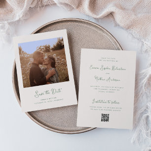 Sweet Whimsical Ivory and Sage Photo and QR Code Save The Date