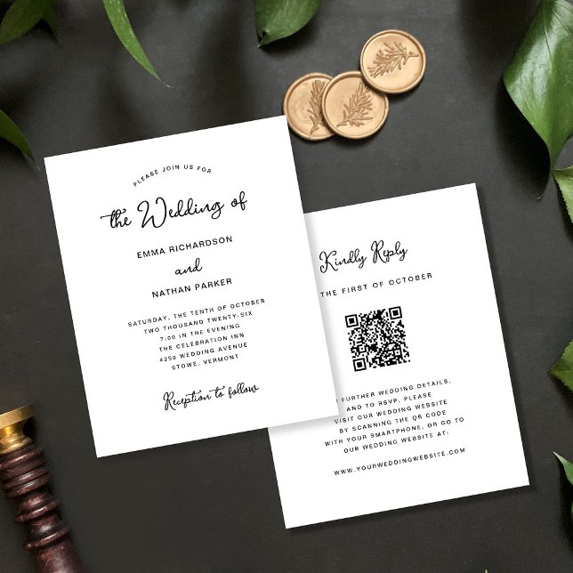 Sweet Whimsical | QR Code RSVP Budget Wedding (An elegant, black and white budget wedding invitation with scannable QR code to rsvp)