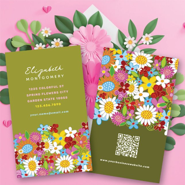 Sweet Whimsical Spring Flowers Colourful Garden Business Card (Sweet & Chic Whimsical Spring Flowers Colorful Garden Business / Profile Card @ fat_fa_tin)