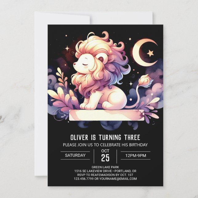 Sweet Whimsy Lion Birthday Invitation (Front)