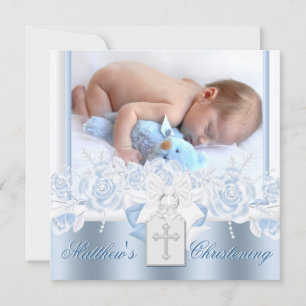 Sweet White and Baby Blue Christening Invitation
