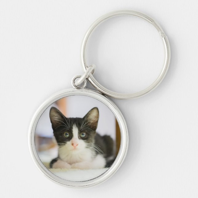 Sweet White And Black Kitten Key Ring (Front)