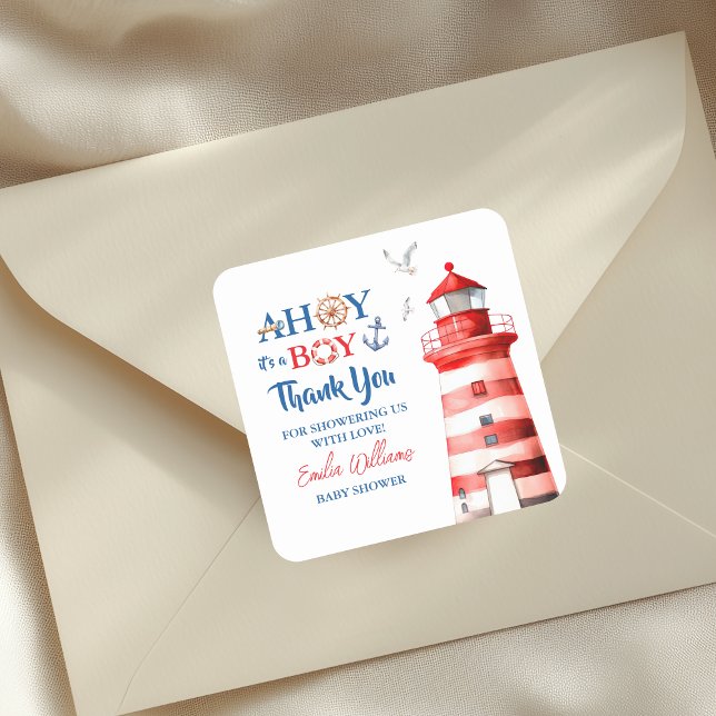 Sweet White Blue Red Nautical Ahoy Boy Thank You Square Sticker (Creator Uploaded)
