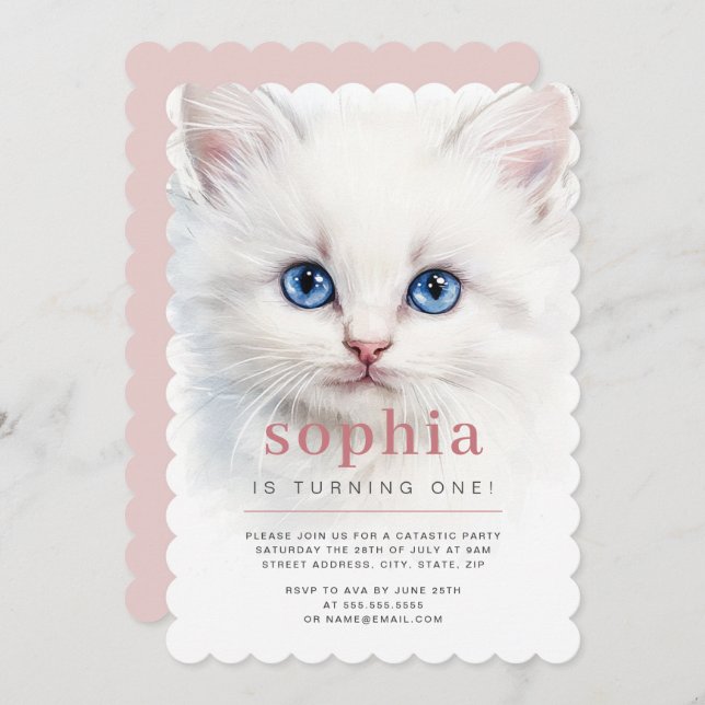 Sweet White Cat First Birthday Party Invitation  (Front/Back)