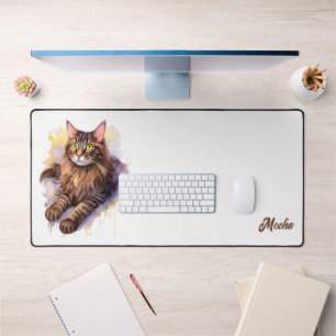 Sweet White Cat Watercolor Illustration Desk Mat