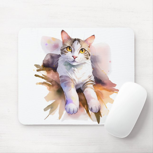 Sweet White Cat Watercolor Illustration Mouse Pad (With Mouse)
