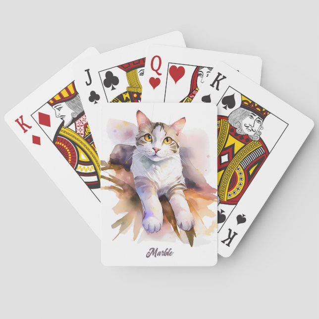 Sweet White Cat Watercolor Illustration Playing Cards (Back)