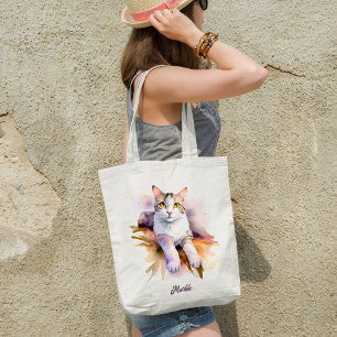 Sweet White Cat Watercolor Illustration Tote Bag