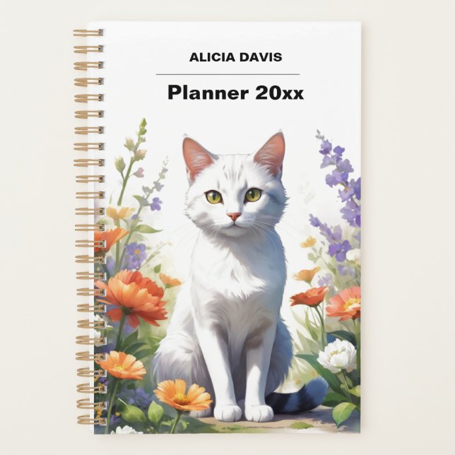 Sweet White Cat Watercolor Undated  | your name Planner (Front)