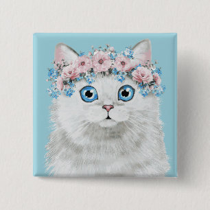 Sweet White Floral Cat 15 Cm Square Badge