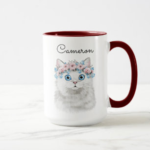 Sweet White Floral Cat Add Your Name Mug