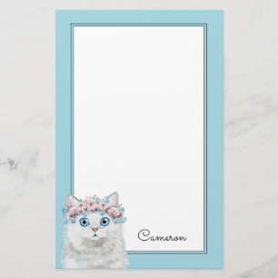 Sweet White Floral Cat Add Your Name Stationery