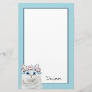 Sweet White Floral Cat | Add Your Name Stationery