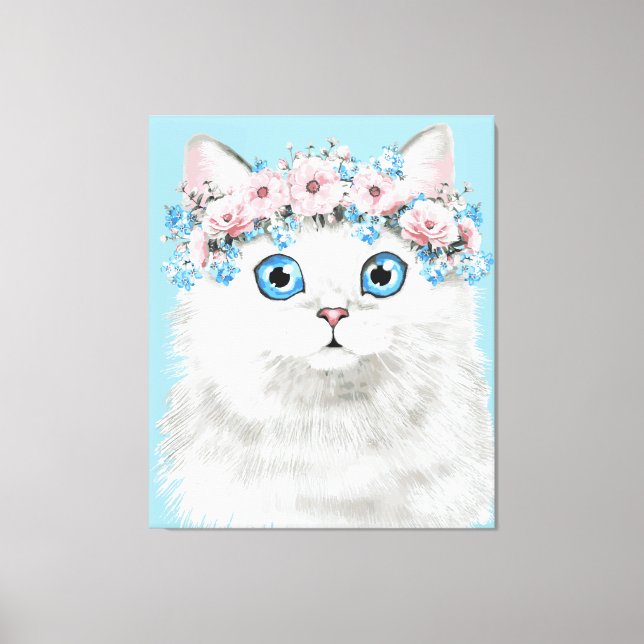 Sweet White Floral Cat Canvas Print (Front)