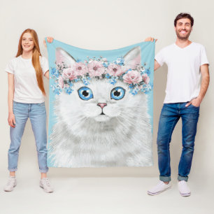 Sweet White Floral Cat Fleece Blanket