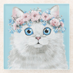 Sweet White Floral Cat Glass Coaster