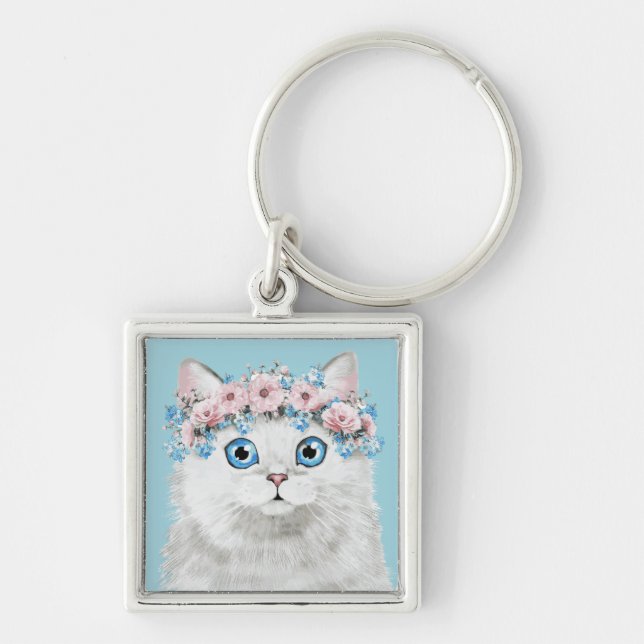 Sweet White Floral Cat Key Ring (Front)