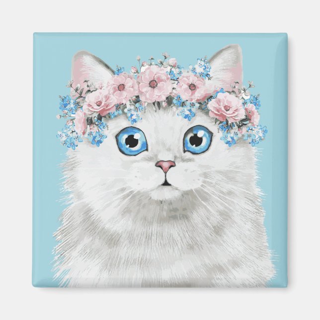 Sweet White Floral Cat Magnet (Front)