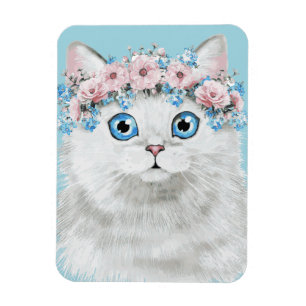 Sweet White Floral Cat Magnet