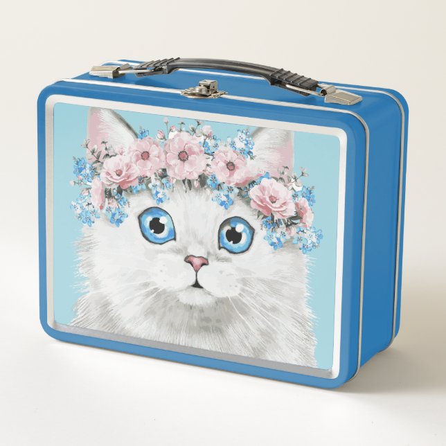 Sweet White Floral Cat Metal Lunch Box (Front)