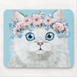 Sweet White Floral Cat Mouse Pad