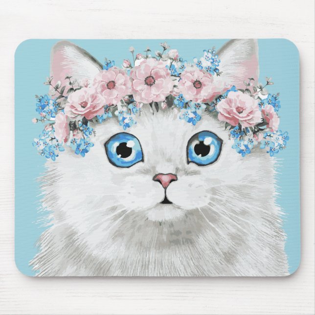 Sweet White Floral Cat Mouse Pad (Front)