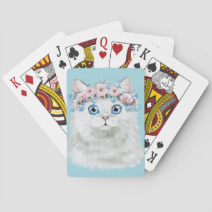 Sweet White Floral Cat Playing Cards