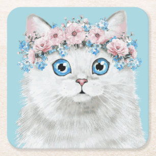 Sweet White Floral Cat Square Paper Coaster
