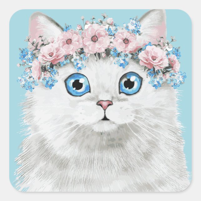 Sweet White Floral Cat Square Sticker (Front)