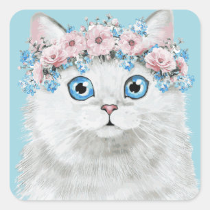 Sweet White Floral Cat Square Sticker