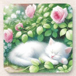 Sweet White Kitten Napping under a Rose Bush Coaster