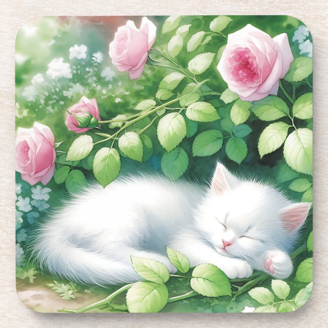 Sweet White Kitten Napping under a Rose Bush Coaster (Front)