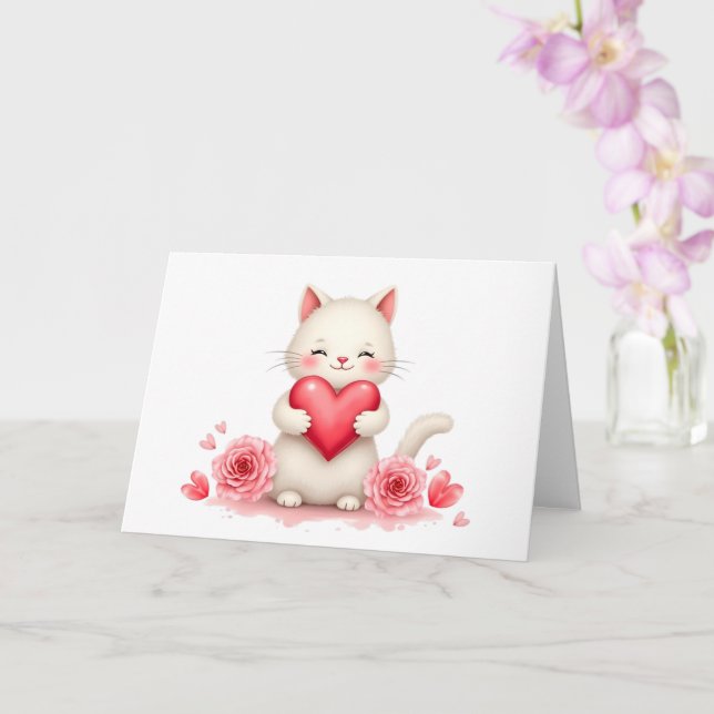 Sweet White Kitten with Red Heart Valentine Blank  Card (Orchid)