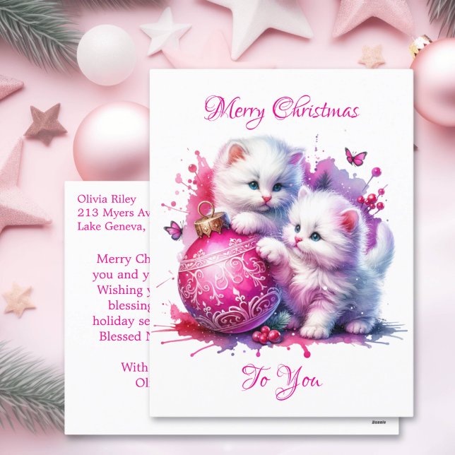 Sweet White Kittens Christmas Personalised Holiday Postcard (Creator Uploaded)