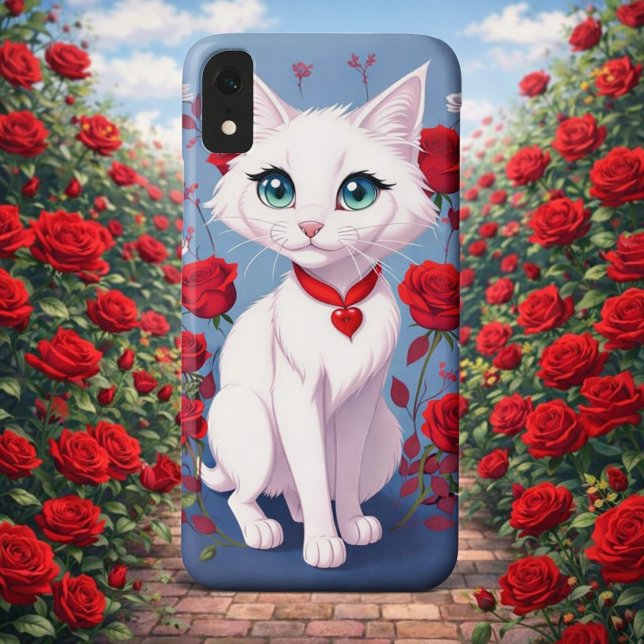 Sweet White Kitty & Roses Protective Phone Cover ("Enchanted Garden Vibe")