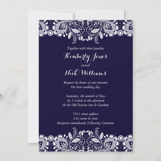 Sweet White Lace Royal Blue Wedding Invitation (Front)