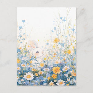Sweet White Rabbit in Blue Daisy Meadow Postcard