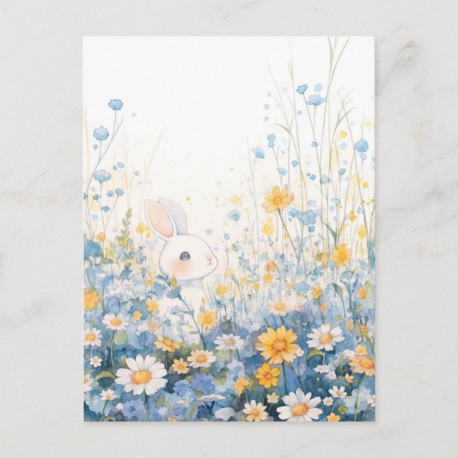 Sweet White Rabbit in Blue Daisy Meadow Postcard (Front)