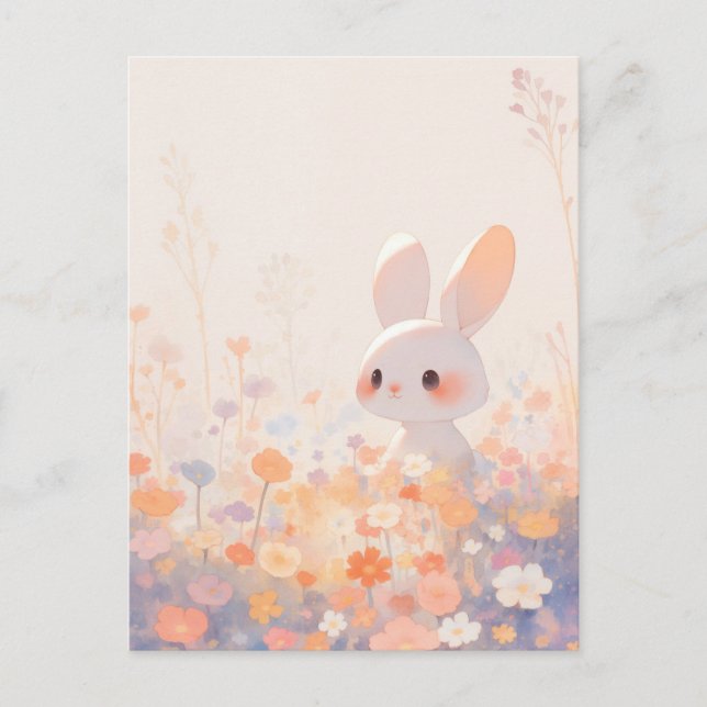 Sweet White Rabbit in Pastel Meadow Postcard (Front)