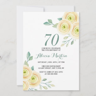 Sweet White Rose Flora Greenery 70th Birthday Invitation