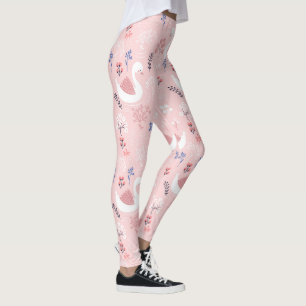 Sweet White Swans On Pastel Pink Floral Ballet Leggings