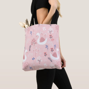 Sweet White Swans On Pastel Pink Floral Ballet Tote Bag