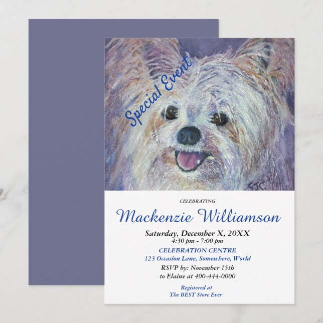 SWEET WHITE YORKIE PUPPY WISHES HAPPY BIRTHDAY INVITATION (Front/Back)